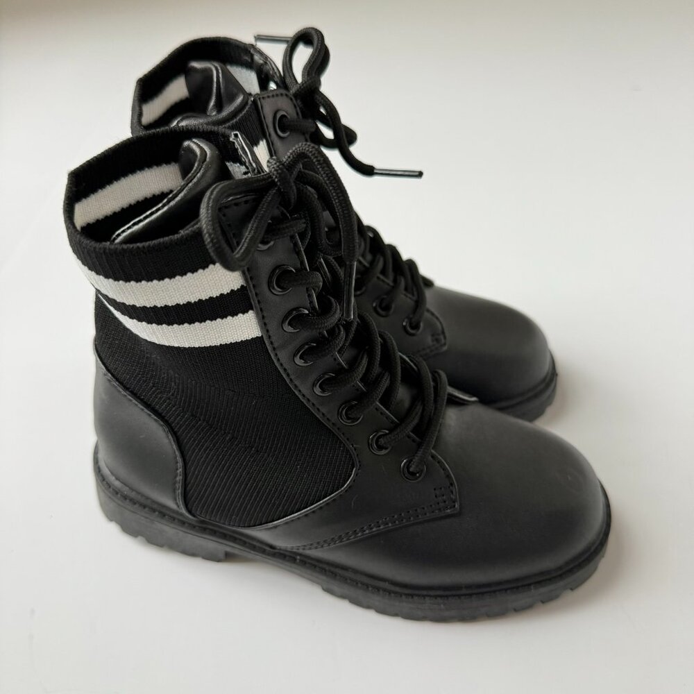 Black Combat Boots Size 13 | Stripe Knit Collar Lace-Up | NWOT